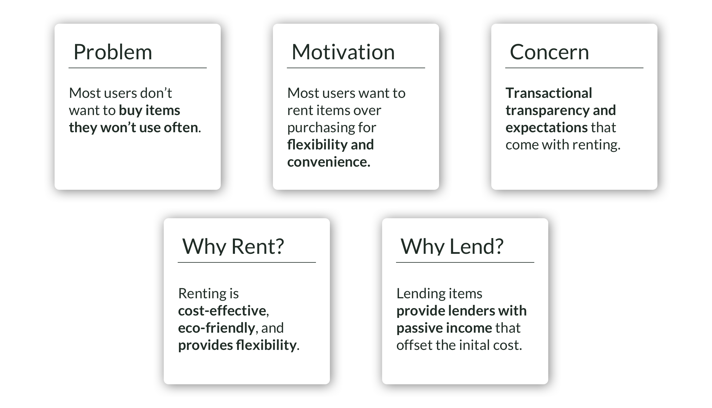 User Interview Insights. 1) Most users don't want to buy items they won't use often. 2) The majority of users want to rent an item over buying it to save money and space. 3) Transactional transparency and expectations for all our users when renting. 4) Renting can be more cost-effective, is more eco-friendly, and provides flexibility. 5) Lending provides lenders with passive income, that interest all our users.
